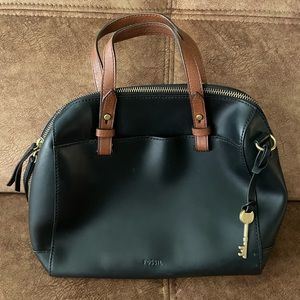 FOSSIL purse. Black leather with brown & gold accents. Shoulder strap included.